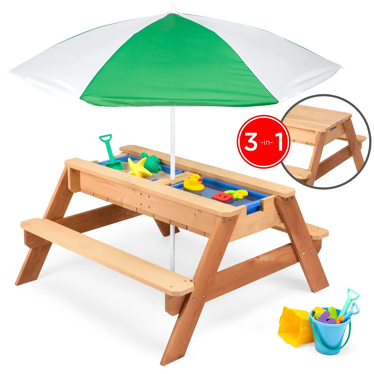 3-In-1 Kids Convertible Wood Sand & Water Picnic Table W/ Umbrella 1
