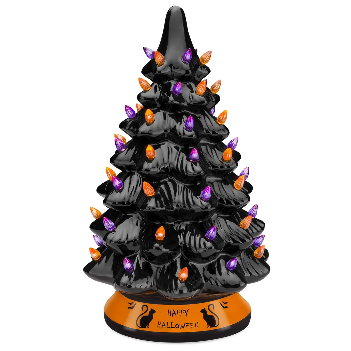 Pre-Lit 15In Ceramic Halloween Tree W/ Orange & Purple Bulb Lights 1