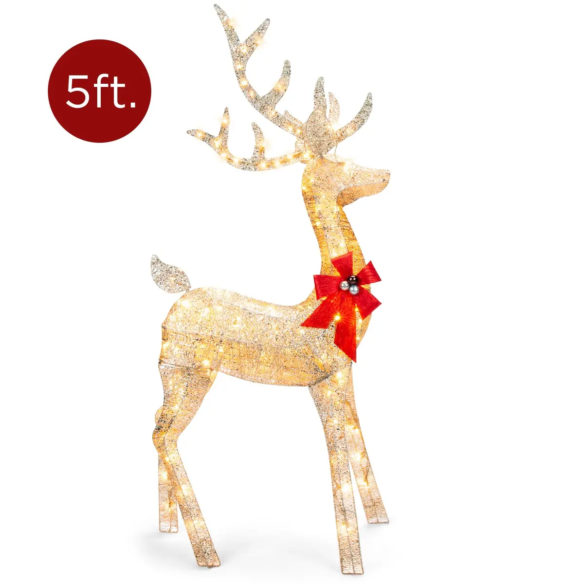 5Ft 3D Pre-Lit Gold Glitter Christmas Reindeer Yard Decoration W/ 150 Lights 1