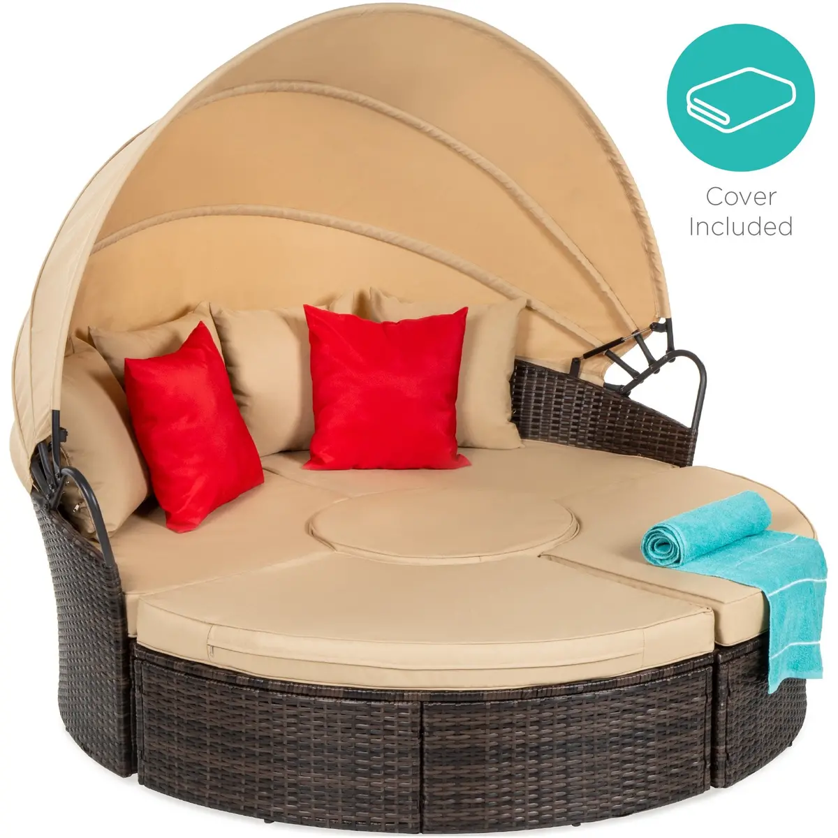 5-Piece 2-In-1 Wicker Daybed Sectional W/ Adjustable Seats, Canopy, Cover 1