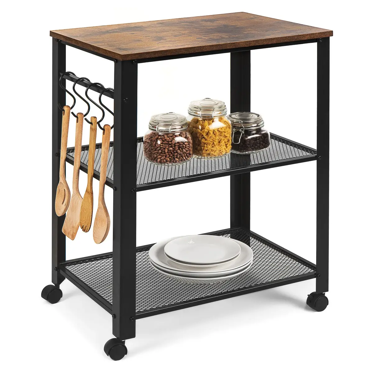 3-Tier Rustic Industrial Rolling Utility Serving Cart W/ 2 Shelves, 4 Hooks 1