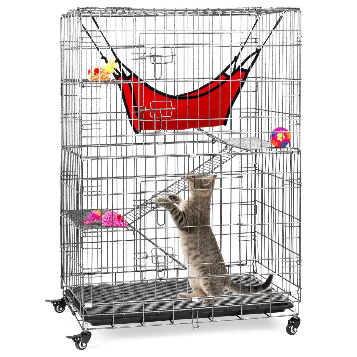 30X19x43in 4-Tier Cat Cage Playpen Crate W/ Hammock, Wheels, Shelves 1