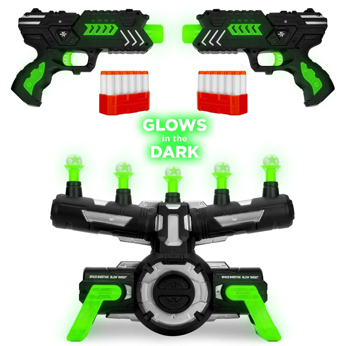 Glow-In-The-Dark Foam Dart Blasters & Target Set W/ 24 Darts, 2 Blasters 1