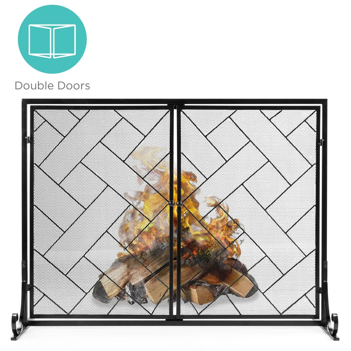 44X33in 2-Panel Wrought Iron Geometric Fireplace Screen W/ Magnetic Doors 1