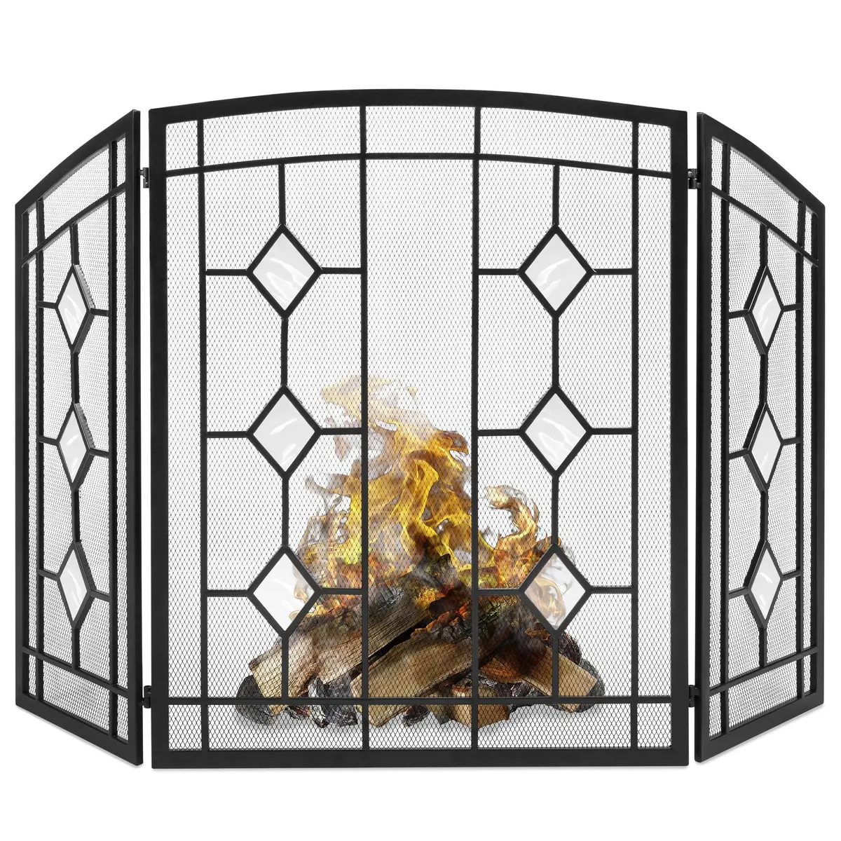 3-Panel 48X30in Glass Diamond Accent Handcrafted Iron Fireplace Screen 1
