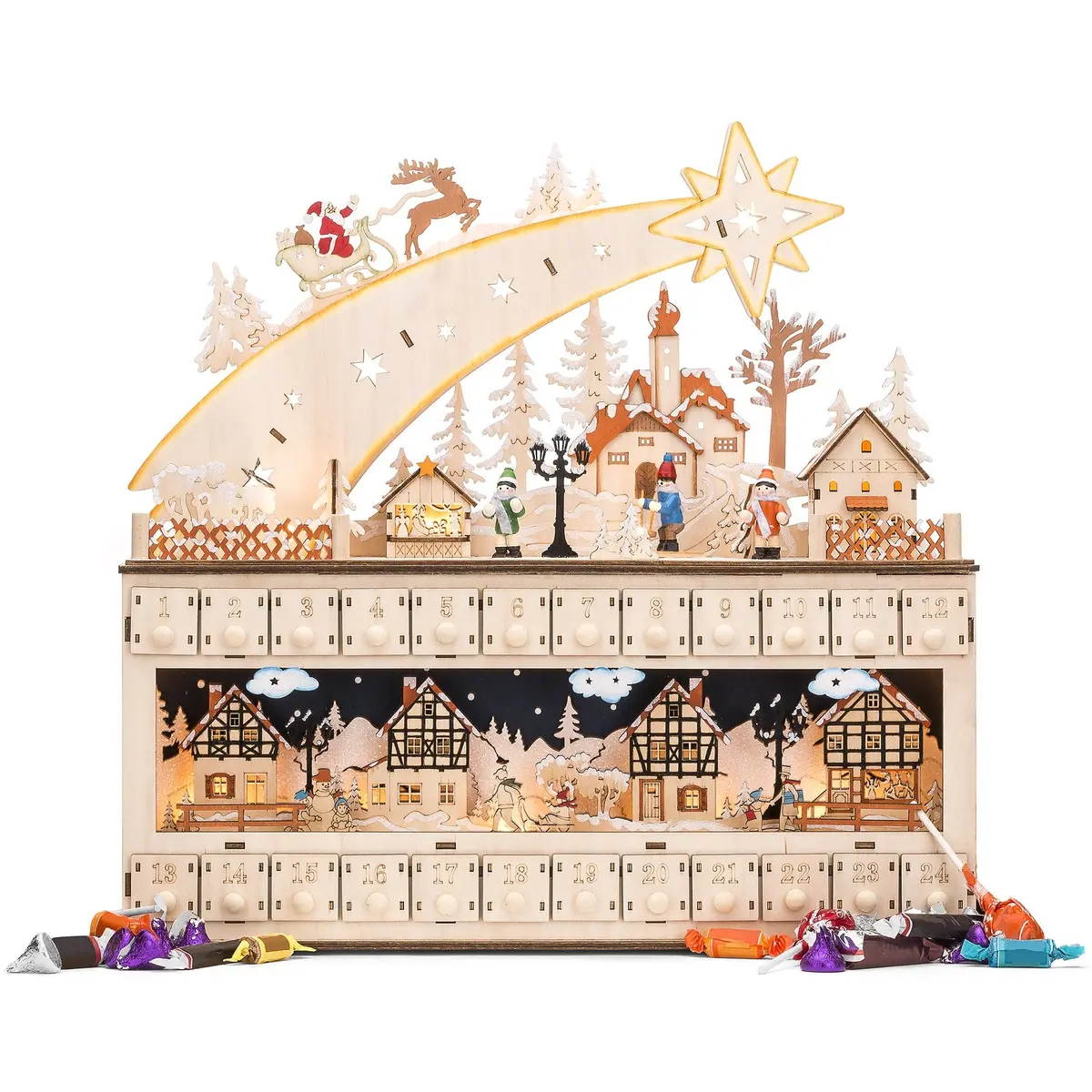 Wooden Christmas Shooting Star Advent Calendar W/ Led Light Background 1