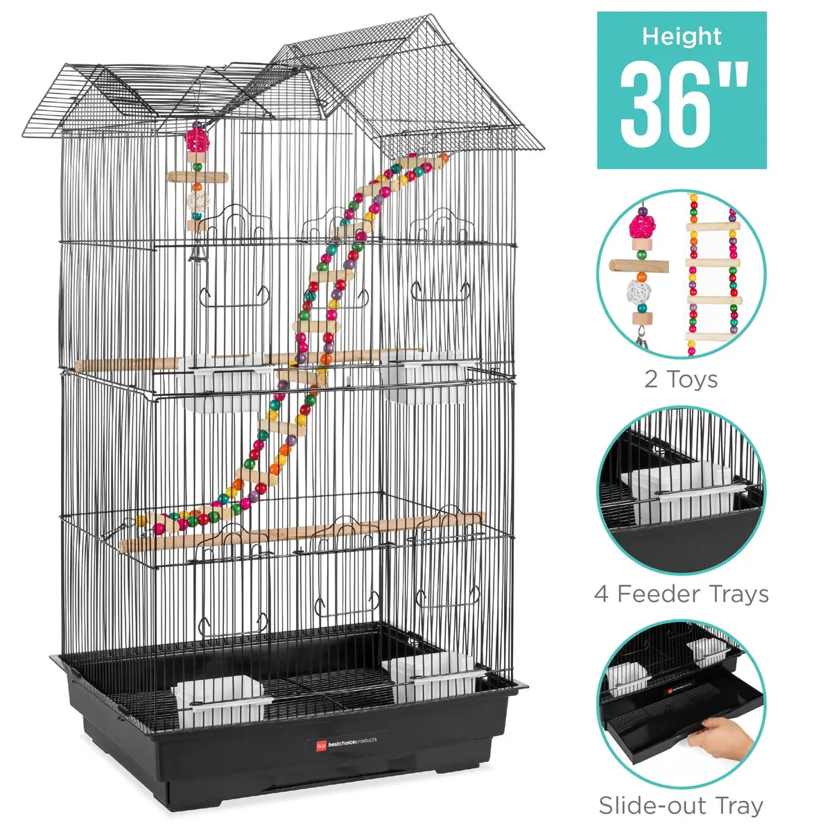 Indoor Outdoor Iron Birdcage W/ Removable Tray, 4 Feeders, 2 Toys - 36In 1