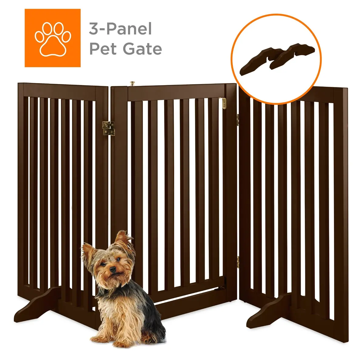 31.5In 3-Panel Freestanding Wooden Pet Gate W/ Door, Support Feet 1