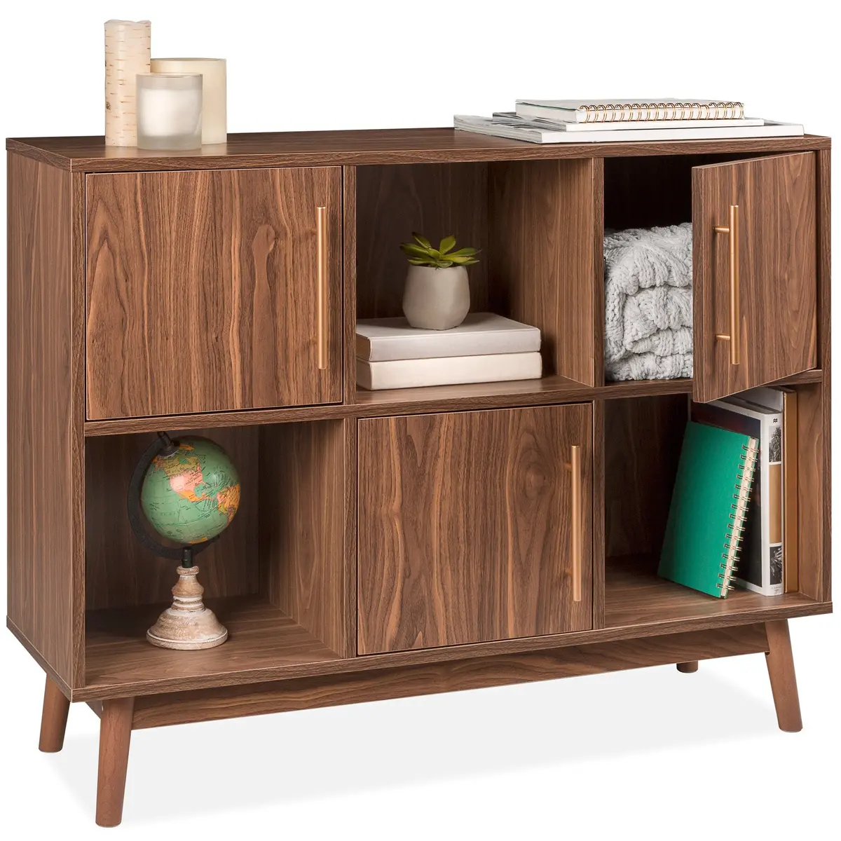 6-Shelf Mid-Century Modern Wood Entryway Storage Stand W/ Cabinet Doors 1