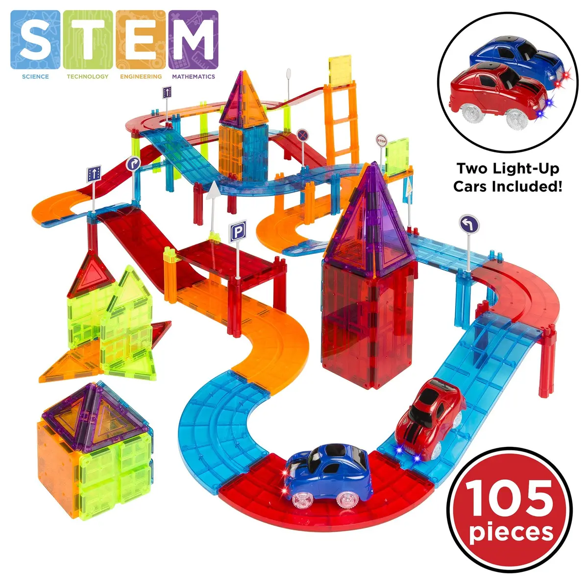 105-Piece Kids Magnetic Tile Car Race Track Stem Building Toy Set W/ 2 Cars 1