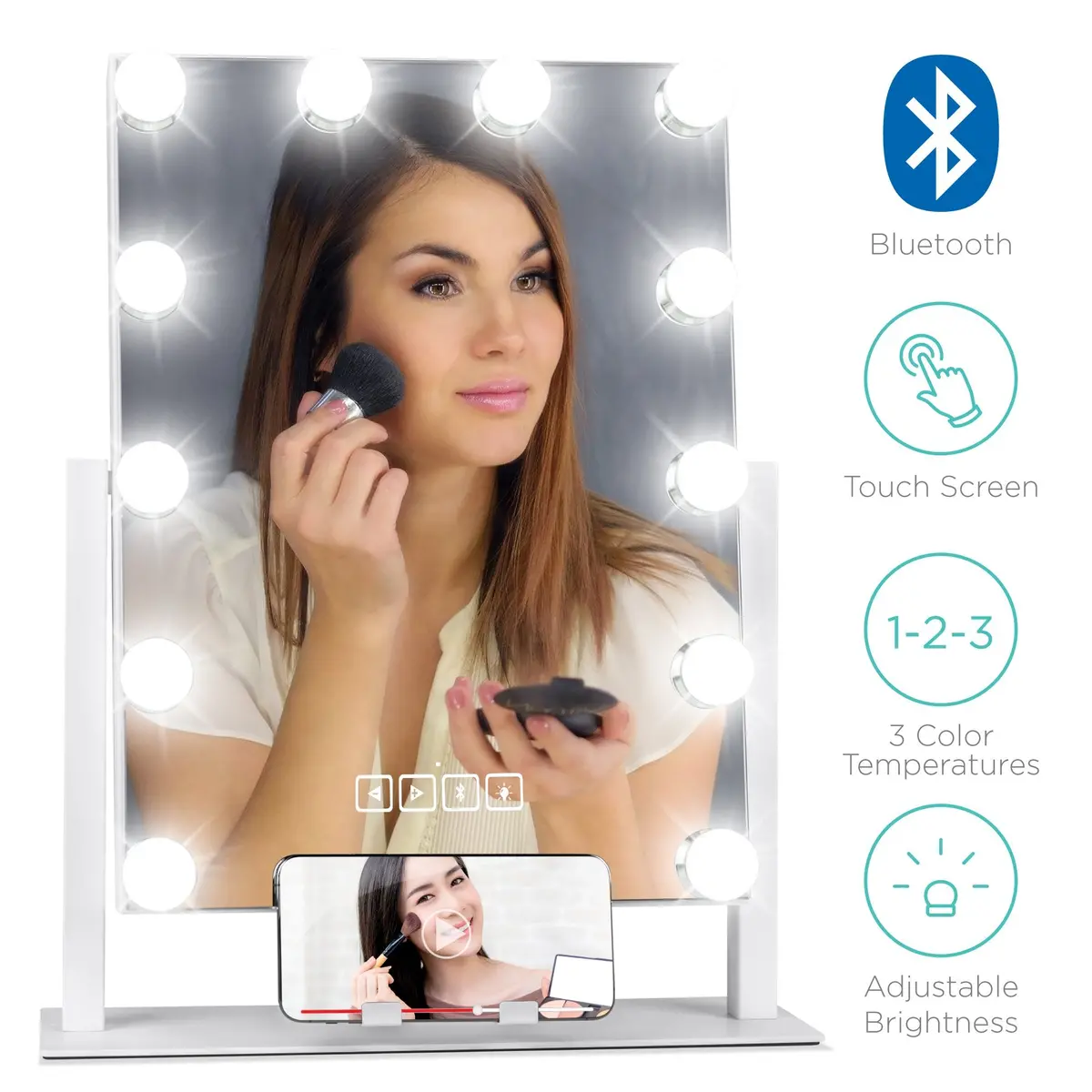 Hollywood Vanity Mirror W/ Bluetooth Speakers, 3 Color Temps, Phone Stand 1