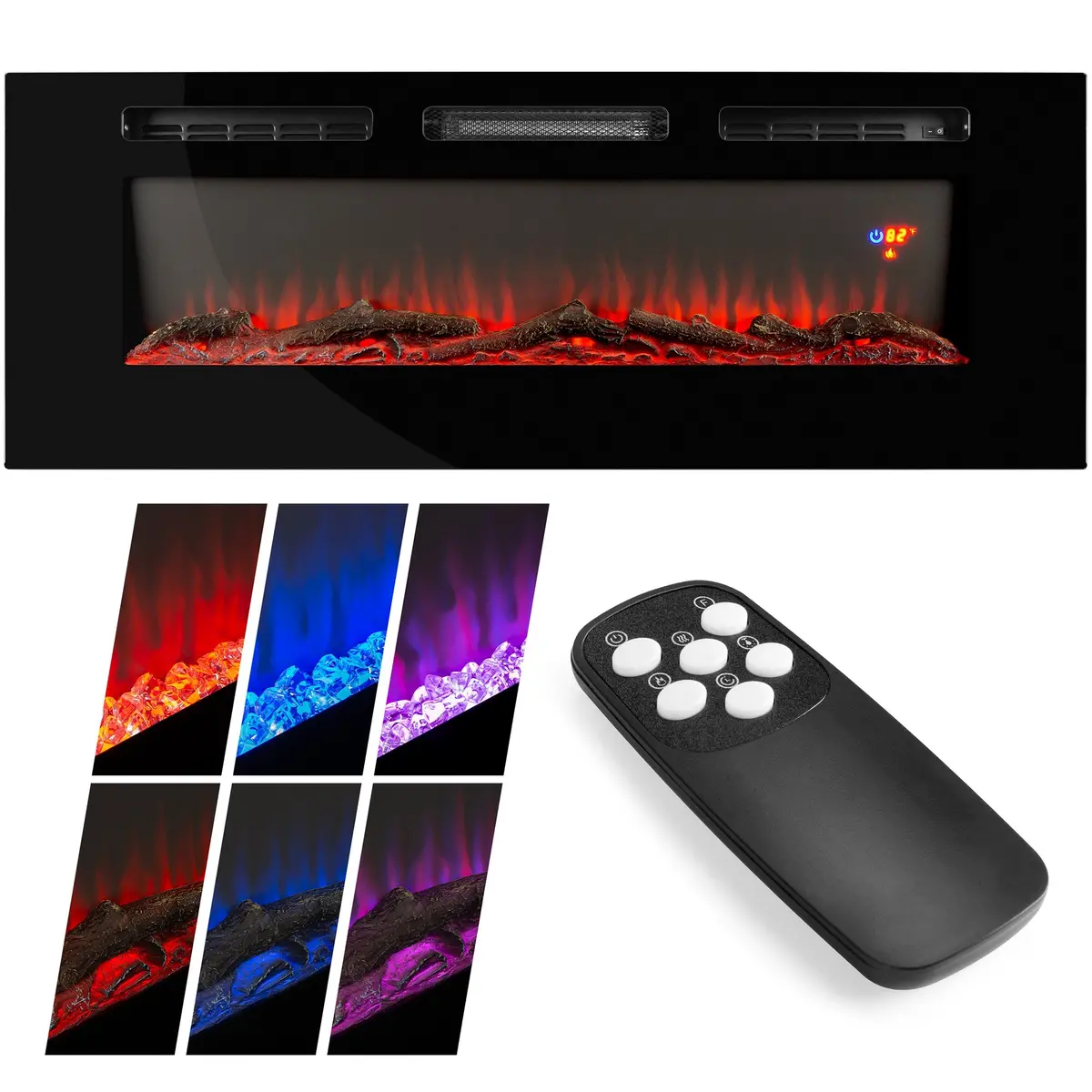 1500W Electric Fireplace Recessed And Wall Mounted W/ Remote, Logs, Crystals 2