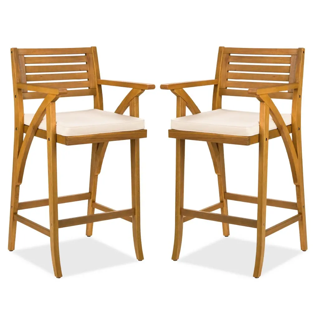 Set Of 2 Outdoor Acacia Wood Bar Stools Chairs W/ Weather-Resistant Cushions 1