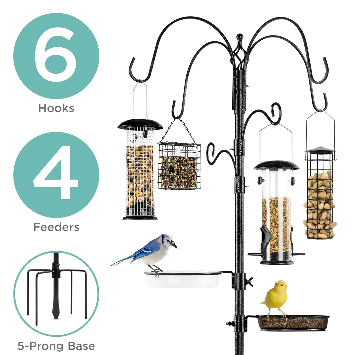 Bird Feeding Station, 6-Hook Steel Multi-Feeder Stand W/ 4 Bird Feeders, 89In 2