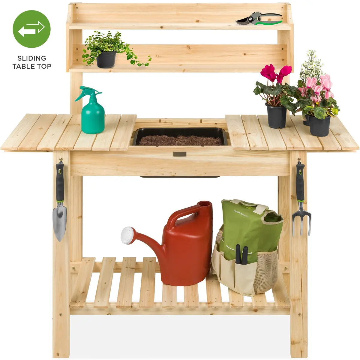 Wood Garden Potting Bench W/ Sliding Tabletop, Food Grade Dry Sink 1