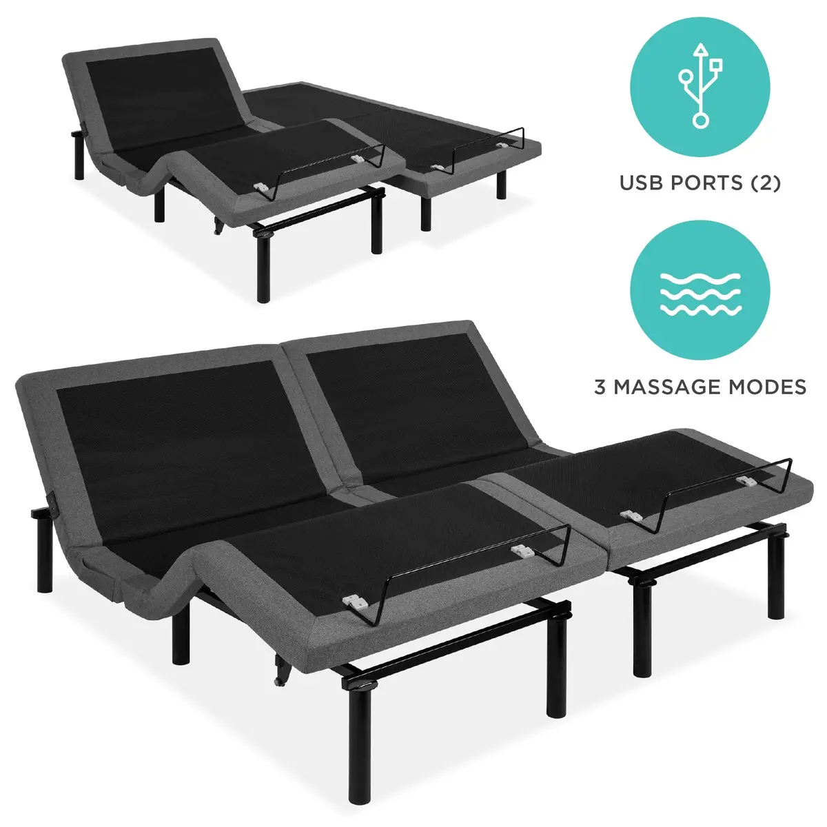 Split King Size Adjustable Bed Base With Massage, Remote, Usb Ports 1