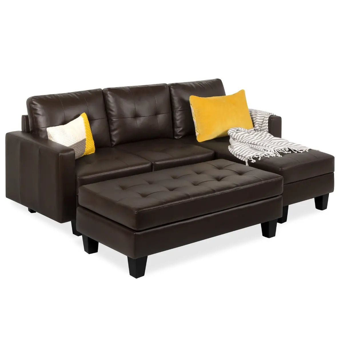 L-Shape Customizable Faux Leather Sofa Set W/ Ottoman Bench 2
