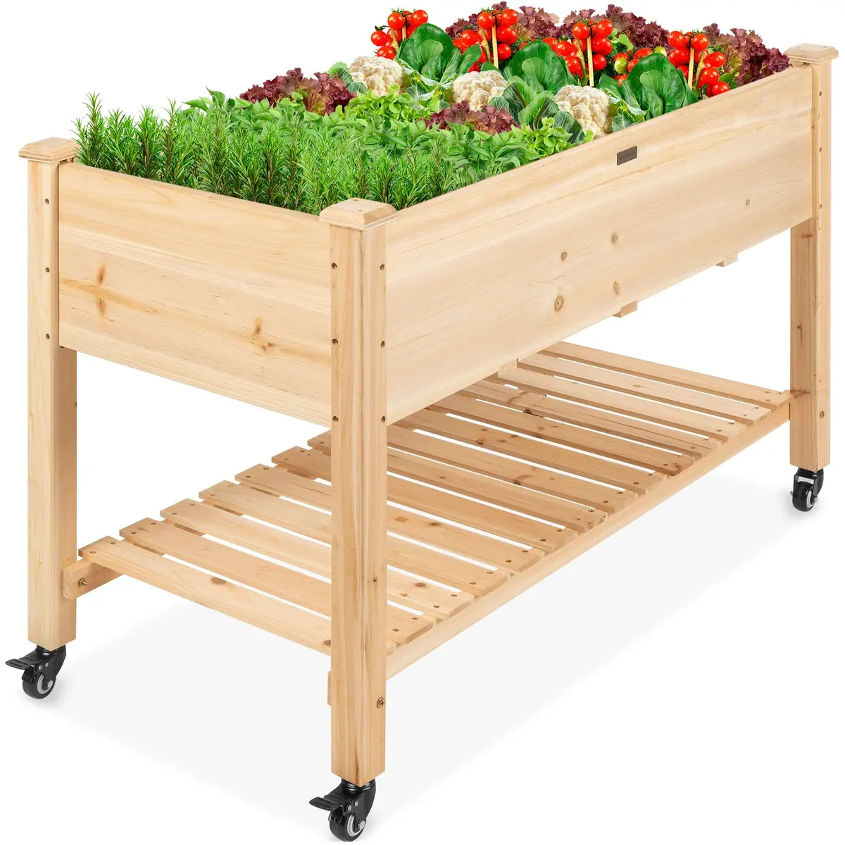 Mobile Raised Garden Bed Elevated Wood Planter W/ Wheels, Storage Shelf 1