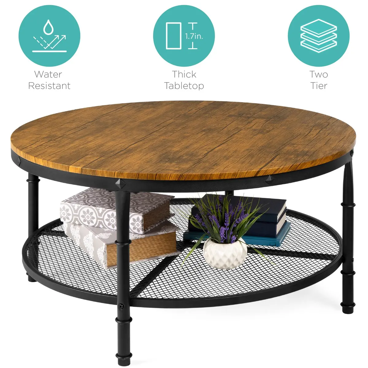 2-Tier 35.5" Round Industrial Wood & Steel Coffee Table, Storage Shelves 1