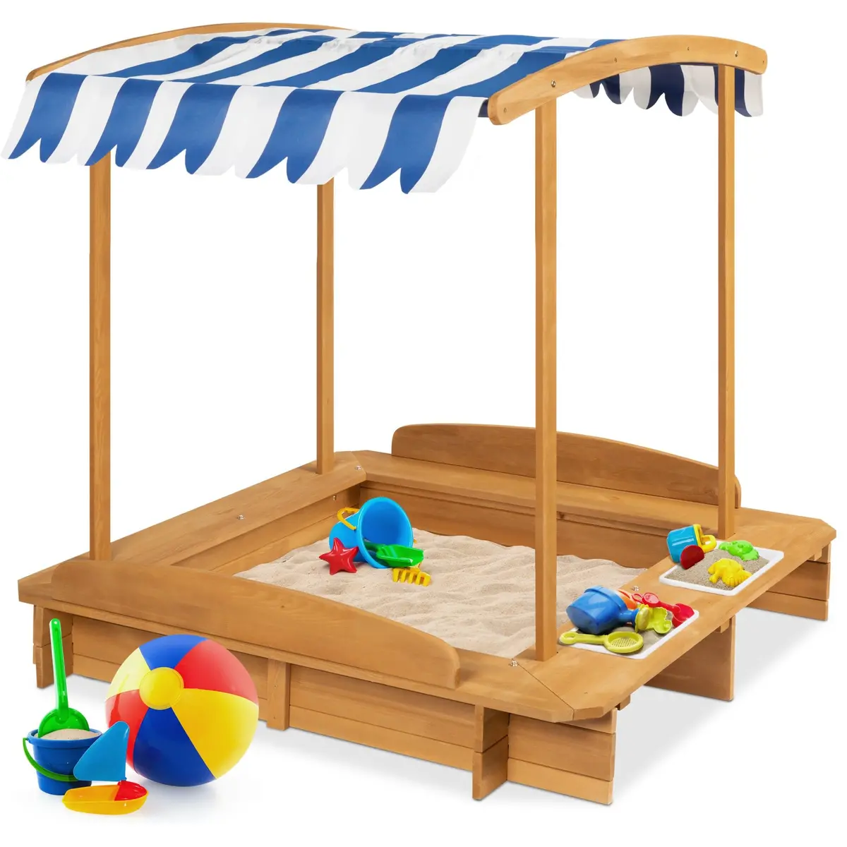 Wooden Cabana Sandbox W/ Benches, Canopy Shade, Sand Cover, 2 Buckets 1