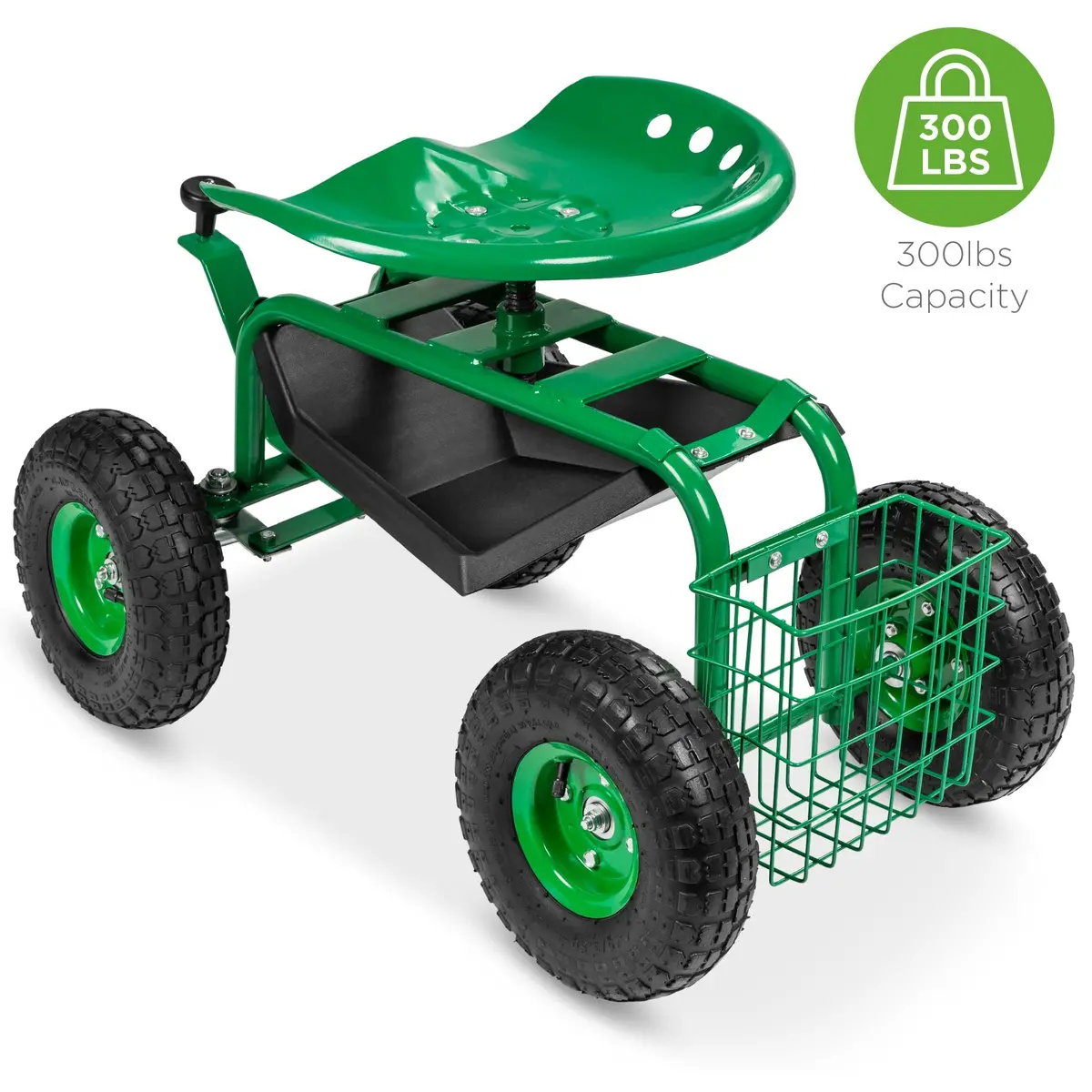 Rolling Garden Work Seat W/ Tool Tray And Basket - Green 1