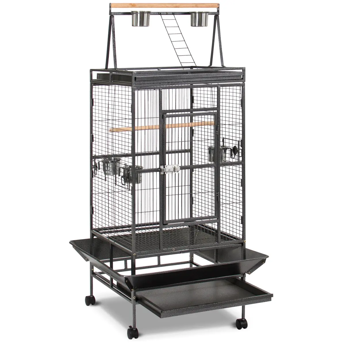 68In Bird Cage W/ Long Wooden Perch, Play Area, And Rolling Wheels - Black 1