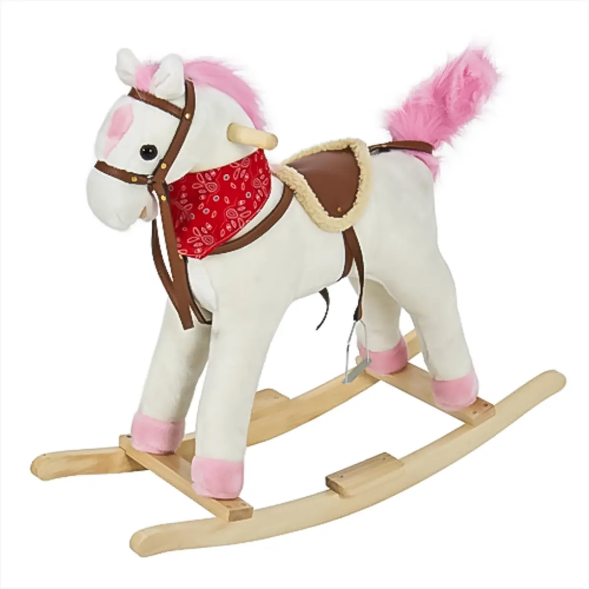 Kids Rocking Horse W/ Sounds, Saddle, Metal Stirrups, Bandanna - White 1