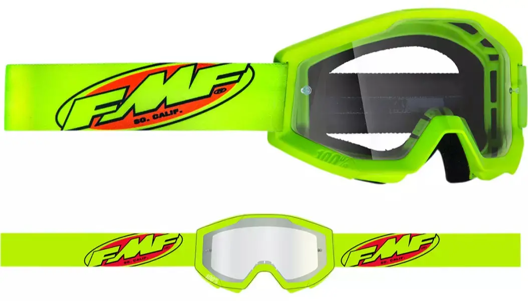 Fmf 100% Powercore Youth Goggles Flo Yellow Frame Clear Lens Mx Atv 1