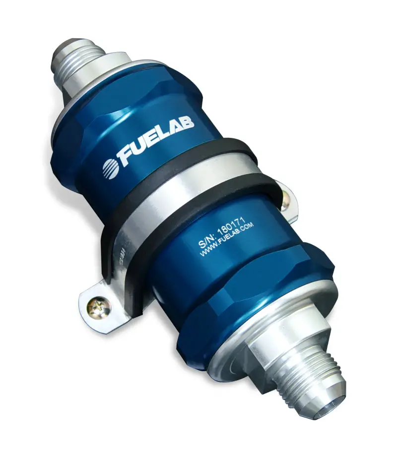 Fuelab 848 In-Line Fuel Filter – -8 An Stainless Steel, 100-Micron, Blue Housing With Check Valve 1