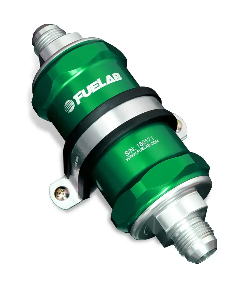 Fuelab 818 Inline Fuel Filter – -8 An Inlet / -10 An Outlet, 100-Micron Stainless Steel, Green Housing 1