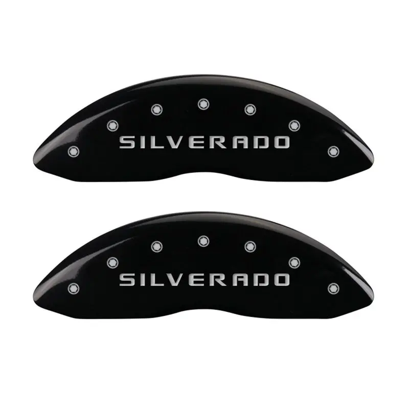 Mgp Engraved 4-Piston Caliper Covers – Silverado-Style Black Finish With Silver Accents 1